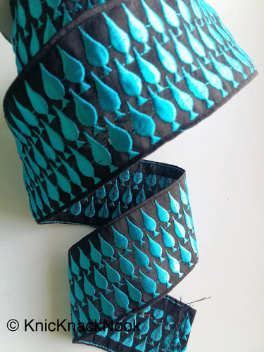 Black Fabric Trim With Blue / Purple Leaf Embroidery One Yard Lace Trim, Approx. 60mm Wide - 200317L369 / 70